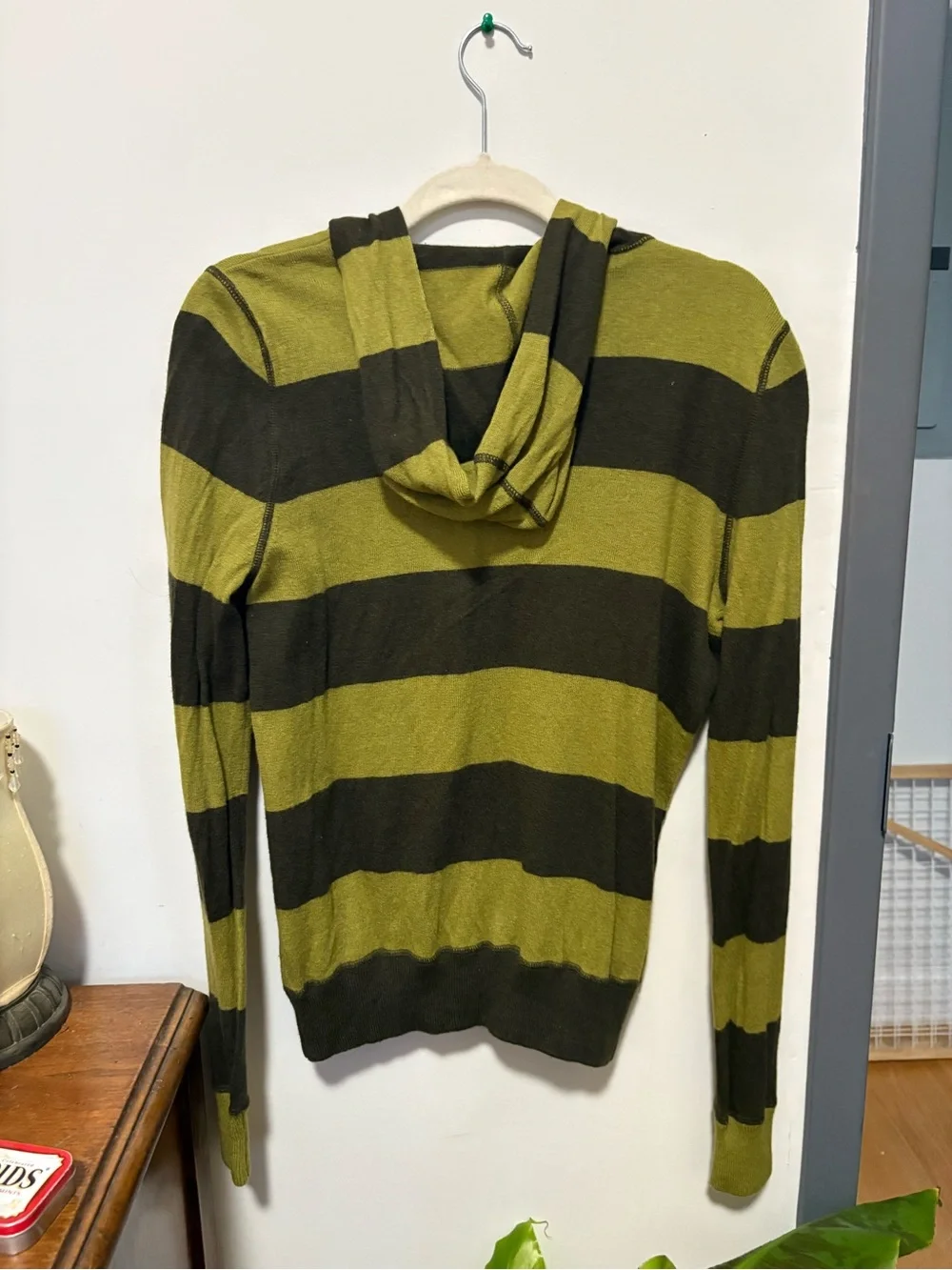 J. Crew Olive and Dark Brown Striped Hooded V-Neck Sweater
